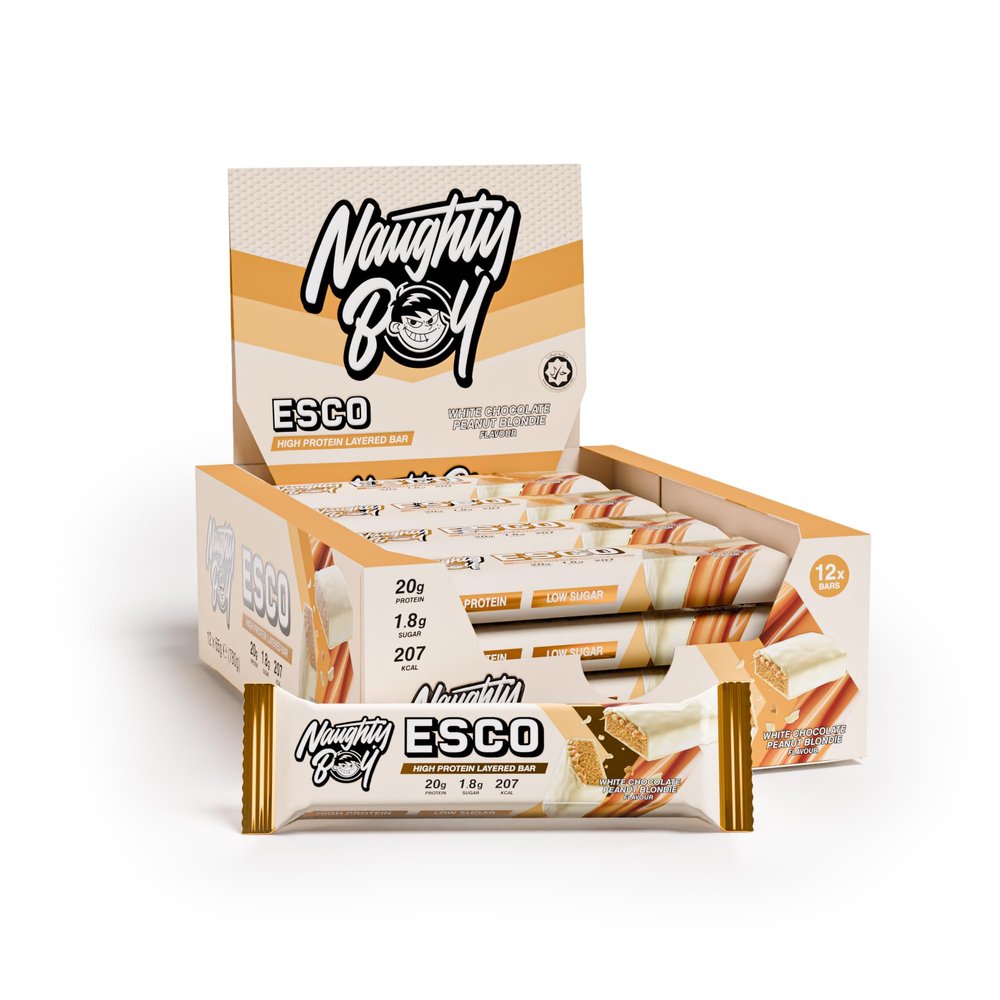 Naughty Boy Esco Bars Protein Bars, High Protein Low Sugar Snack Bar for Recovery & Performance, 12 x 65g Bars, White Chocolate Peanut Blondie