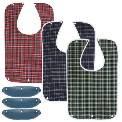 3 Pack Adult Bibs for Elderly Waterproof Clothing Protectors with Detachable Crumb Catcher Reusable Dining Mealtime Bibs for Seniors, Patients, Bedridden Convalescent Disabled Unisex Lattice Pattern
