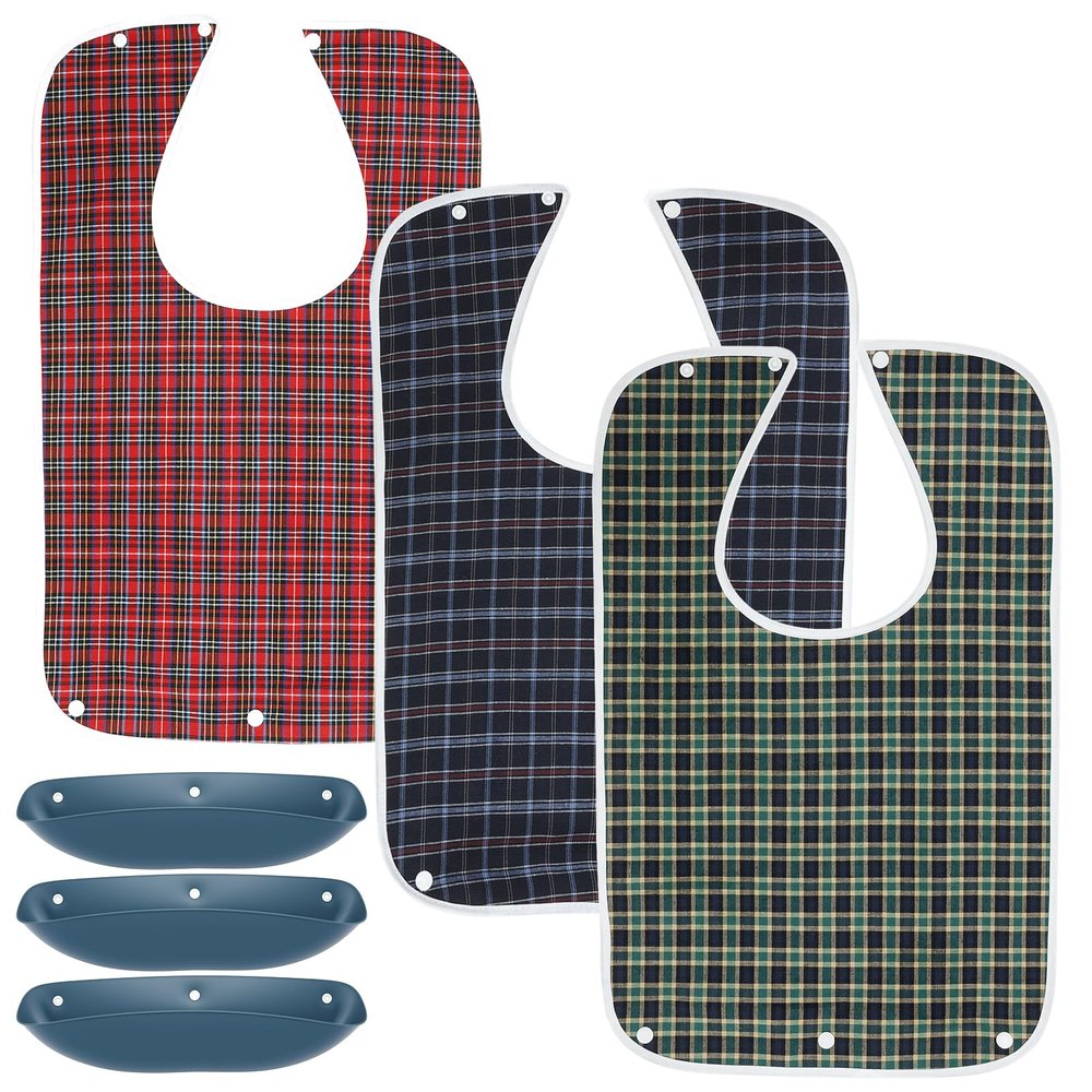 3 Pack Adult Bibs for Elderly Waterproof Clothing Protectors with Detachable Crumb Catcher Reusable Dining Mealtime Bibs for Seniors, Patients, Bedridden Convalescent Disabled Unisex Lattice Pattern