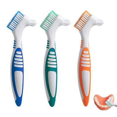 3 PCS Denture Brush, Denture Cleaning Brush Toothbrush Dentures Double Sided Brushes False Teeth Brushes Multi-Layered Bristles Ergonomic Rubber Handle for Dentures Care Retainer Braces Cleaning