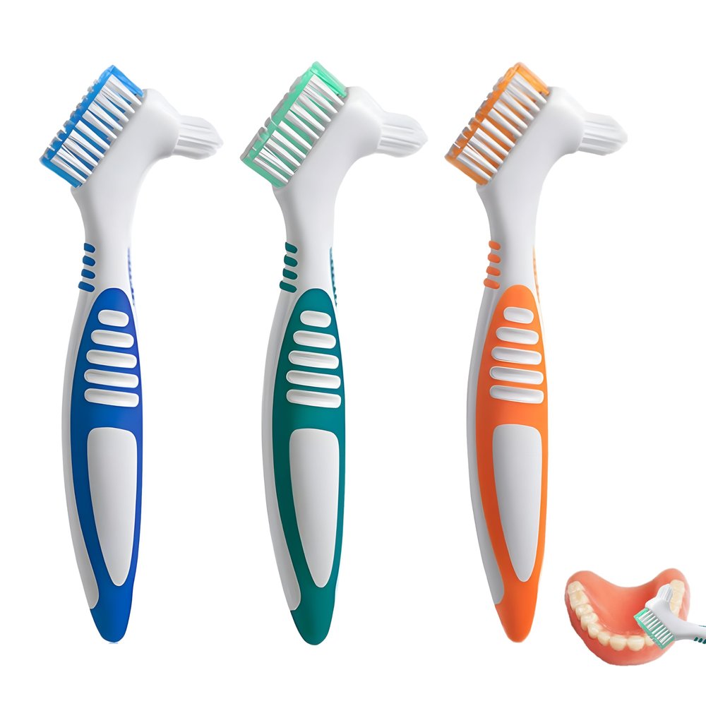 3 PCS Denture Brush, Denture Cleaning Brush Toothbrush Dentures Double Sided Brushes False Teeth Brushes Multi-Layered Bristles Ergonomic Rubber Handle for Dentures Care Retainer Braces Cleaning