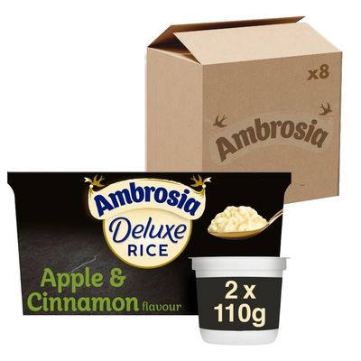 Ambrosia Deluxe Rice Pudding Pots, Apple & Cinnamon Flavour, Creamy & Ready to Eat Dessert, 2 x 110 g (Pack of 8)