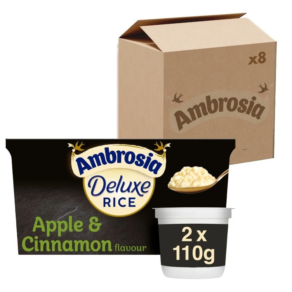 Ambrosia Deluxe Rice Pudding Pots, Apple & Cinnamon Flavour, Creamy & Ready to Eat Dessert, 2 x 110 g (Pack of 8)