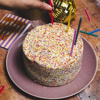 Artisanal Vegan Birthday Cake with Rainbow Sprinkles, Vanilla Sponge and Buttercream Layers, Celebration Dessert for Special Occasions