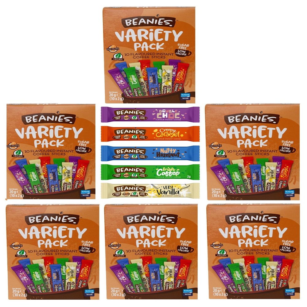 Beanies Flavoured Instant Coffee Sticks Variety Pack, 6 Packs of 10 x 2g Sachets (Total 60 Sticks, 5 Flavours) Very Vanilla, Irish Coffee, Double Choc, Nutty Hazelnut, Creamy Caramel