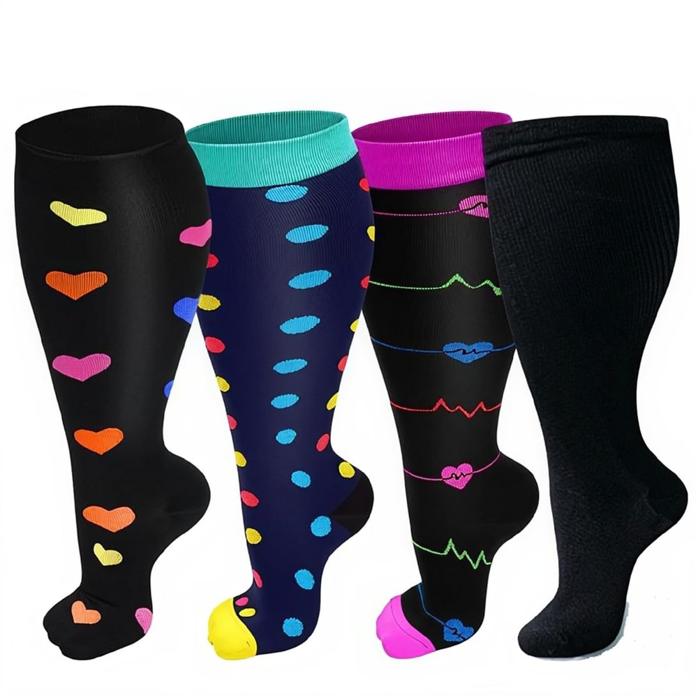 4 Pairs Plus Size Compression Socks for Women Men,20-30 mmHg Wide Calf Knee High Support Stockings for Circulation,Athletic,Nurse,Running (03 Black/Navy/Purple/Black, 2XL)