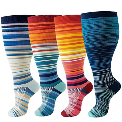 4 Pairs Plus Size Compression Socks for Women Men,20-30 mmHg Wide Calf Knee High Support Stockings for Circulation,Athletic,Nurse,Running (04 Blue/Orange/Orange/Blue, 3XL)
