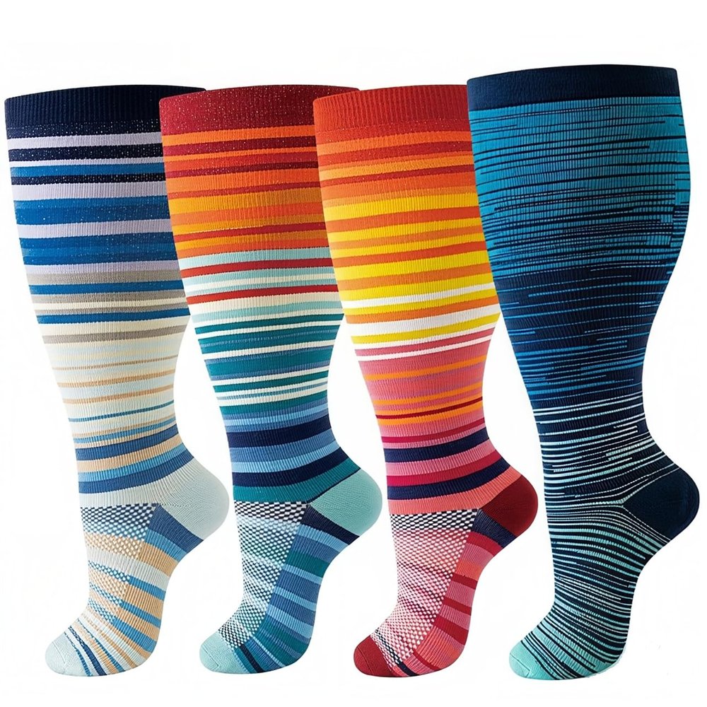 4 Pairs Plus Size Compression Socks for Women Men,20-30 mmHg Wide Calf Knee High Support Stockings for Circulation,Athletic,Nurse,Running (04 Blue/Orange/Orange/Blue, 3XL)