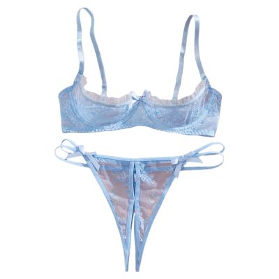 2026 Bras for Women Bra Sexy Lingerie Women's See Through Mesh Bralette Three Point Exposed Breast Outfit Role Play and Home Wear with Built in Support (Light Blue, S)