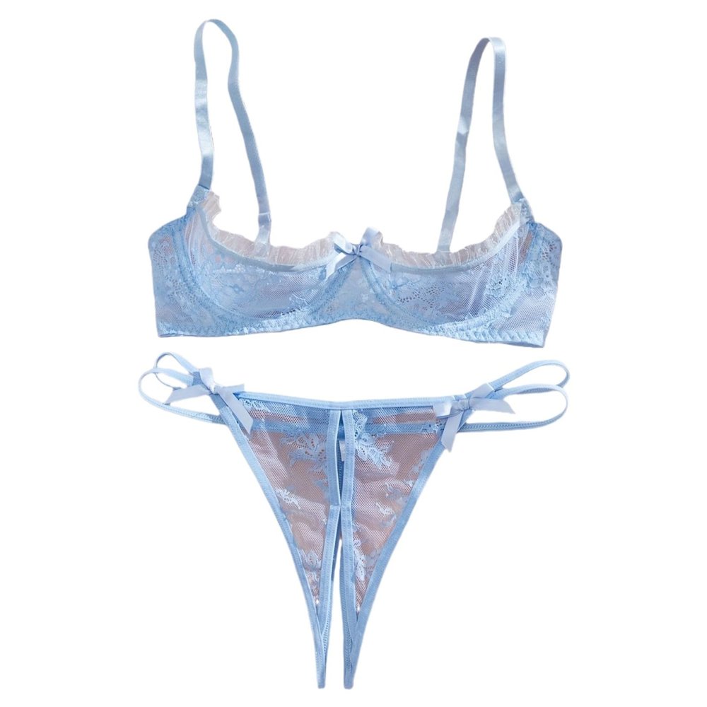 2026 Bras for Women Bra Sexy Lingerie Women's See Through Mesh Bralette Three Point Exposed Breast Outfit Role Play and Home Wear with Built in Support (Light Blue, S)