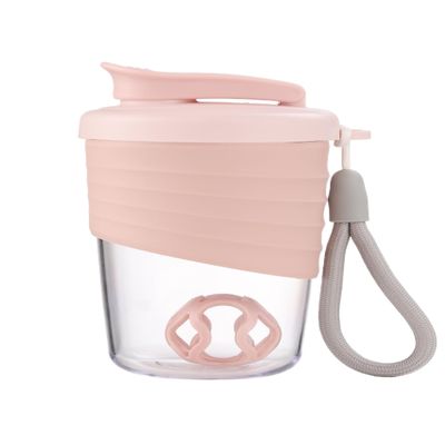 kuoleopa Protein Shaker Bottle, Pink, 14.5oz Leak-Proof with Non-Slip Silicone Grip, Mixing Ball, Detachable Nylon Strap