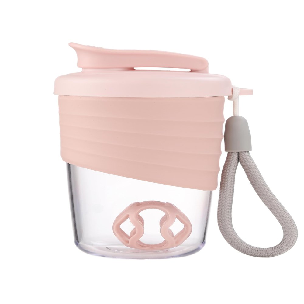 kuoleopa Protein Shaker Bottle, Pink, 14.5oz Leak-Proof with Non-Slip Silicone Grip, Mixing Ball, Detachable Nylon Strap