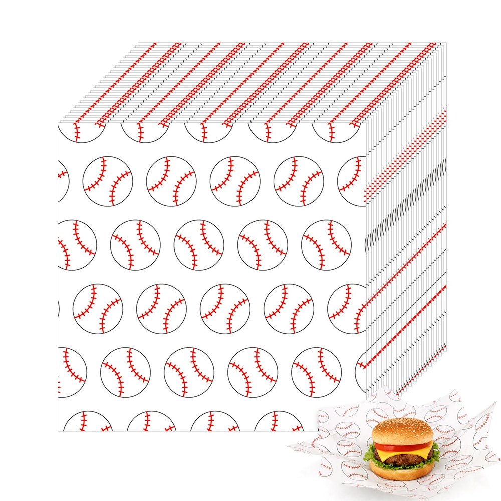 100pcs Greaseproof Sandwich Paper Wraps, 18x18cm/7.1x7.1in Food Burger GreaseProof Delicatessen Wax Butcher Sheets Sport Themed Wrapping Tissue for Party Festival & Outdoors (Baseball)