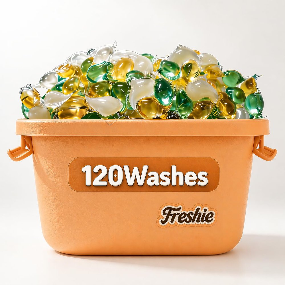 Freshie washing pods laundry with organizer, detergent capsules & tablets, Suitable for All Fabrics, Gentle and skin-friendly, for Daily Use (120, orange)