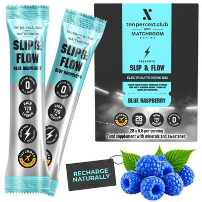 Ten Percent Club & Matchroom - Slip & Flow Electrolyte sachets - Blue Raspberry - Hydration mix for Fluid Retention, Power Output & Performance Preservation High Strength Mineral Formula - 28 Sachets