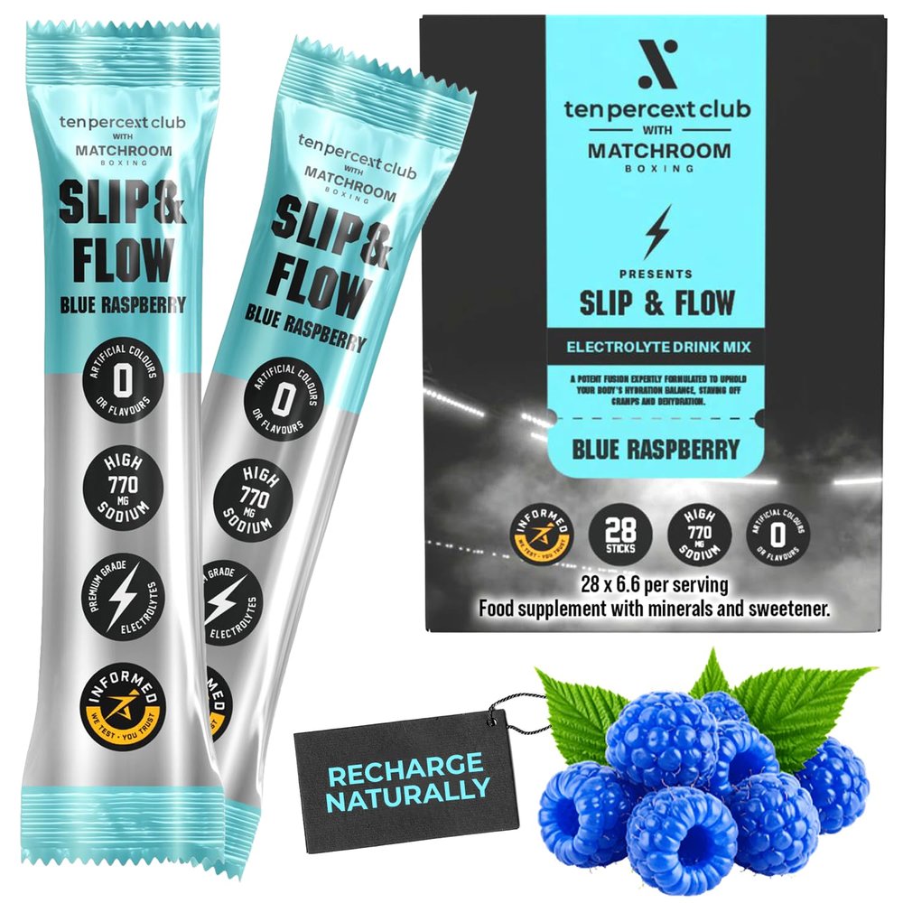 Ten Percent Club & Matchroom - Slip & Flow Electrolyte sachets - Blue Raspberry - Hydration mix for Fluid Retention, Power Output & Performance Preservation High Strength Mineral Formula - 28 Sachets