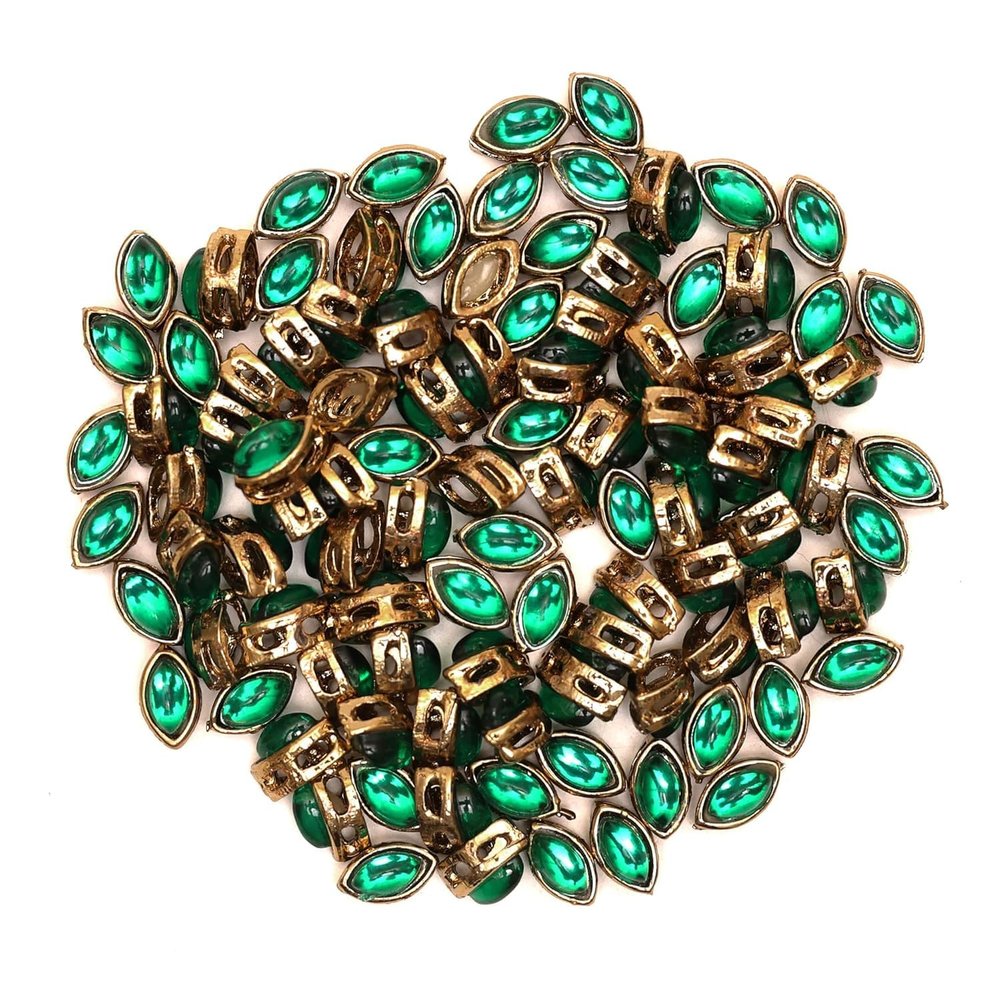 Sew On Raised Kundan Stone/Rhinestone/Beads for Craft, Jewellery Making, Clothe Embellishment, Embroidery Work (5X8 MM,Green, 100 Pieces, Boat Shape)