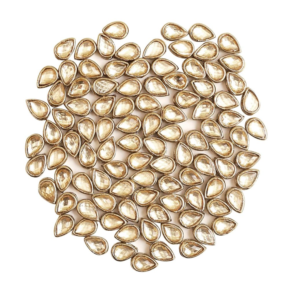 Sew On Raised Kundan Stone/Rhinestone/Beads for Craft, Jewellery Making, Clothe Embellishment, Embroidery Work (100 Pieces, 5x8MM, Tear Drop Shape, Gold)