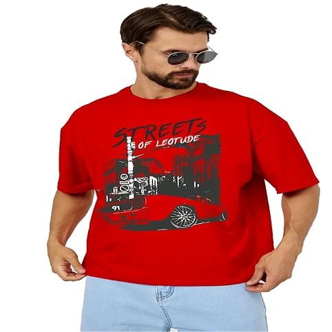 Half Sleeve Oversized Cottonblend Round Neck Drop Shoulder Printedfor Men's (Color Red)