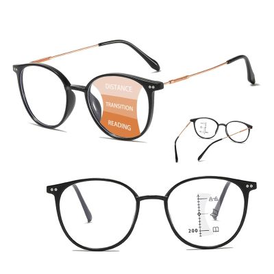 Photochromic Progressive Multifocus Reading Glasses For Men Women Round Blue Light Blocking Eyeglasses Comfortable And Flexible(Black/gold,3.5x)