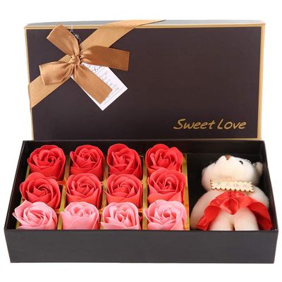 Rengue Valentine Day Romantic Soap Rose 12 Rose Flower Soap Plush Bear, Romantic Valentine Her with Gift Box, Preserved Roses Teddy Bear Doll for Anniversary Birthday Christmas (red gradient)