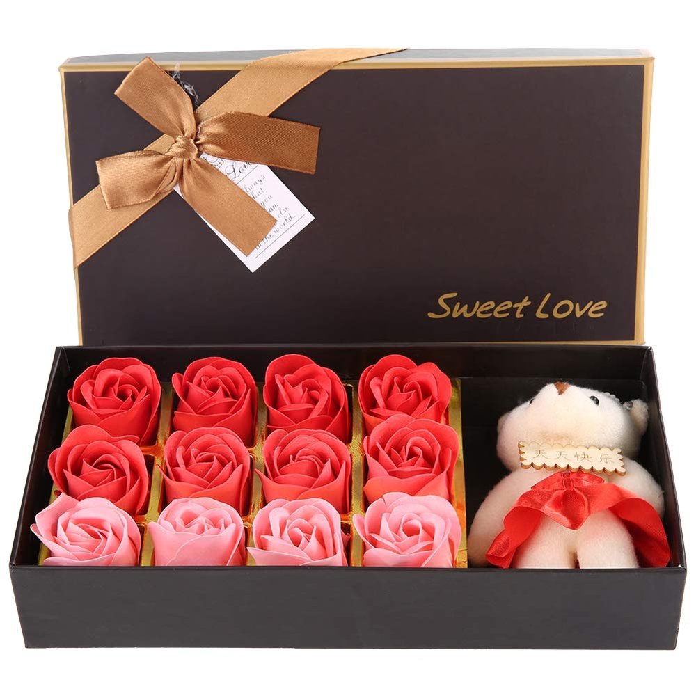 Rengue Valentine Day Romantic Soap Rose 12 Rose Flower Soap Plush Bear, Romantic Valentine Her with Gift Box, Preserved Roses Teddy Bear Doll for Anniversary Birthday Christmas (red gradient)