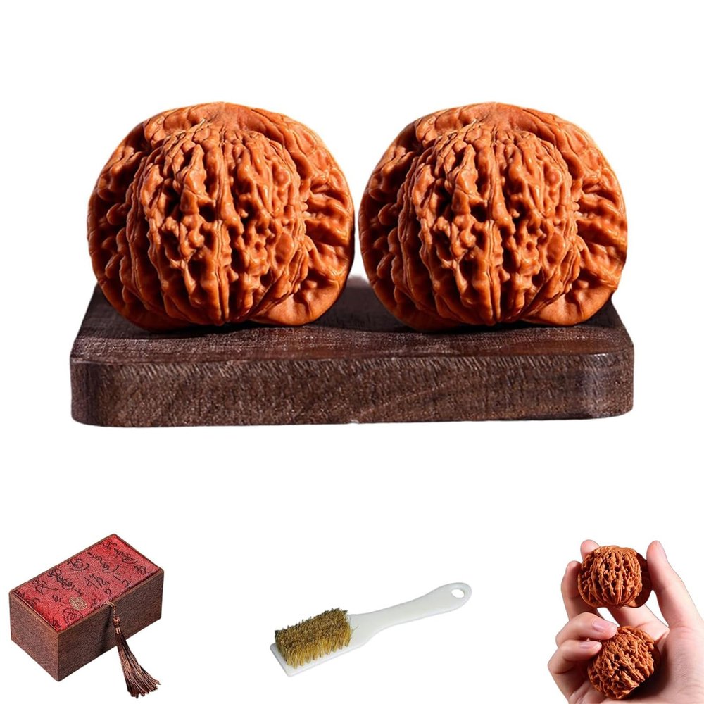2PCS Chinese Walnuts Fidget, Wenwan Walnuts, Walnut Hand Massage Balls with Gift Box & Brush, Natural Texture Solid Wood, for Massage and Hand Training, Relaxation & Focus (Lion Head)