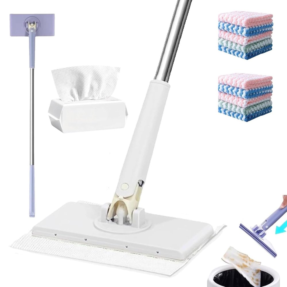 Clever Snap-Grip Mini Mop, No Wash Lazy Mops Wet and Dry, Automatic Cloth Changing/360 Rotating Head/10 Reusable Cloths, For Floor Bathroom Kitchen white 95cm