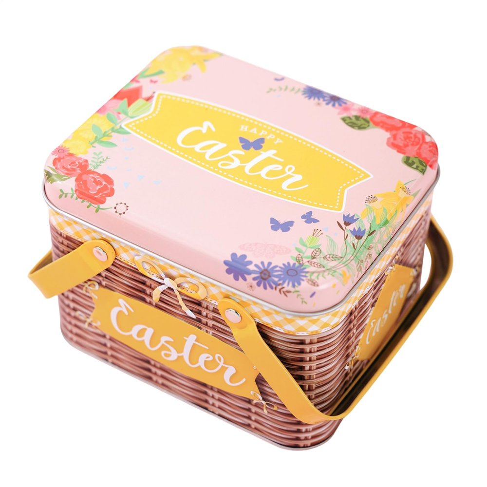 Easter Celebration Basket - Metal Candy Box with Lid and Handle, Easter Candy Holder - For Holidays, Chocolates, Holiday , Treats and Sweets