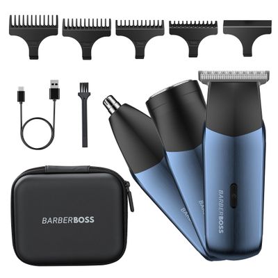 BarberBoss 3-in-1 Travel Trimmer Kit for Men, Beard & Hair Trimmer, Nose & Ear Trimmer, Mini Shaver, Mens Electric Shaver, Dual-Speed Control, Male Electric Grooming Set, QR-2212