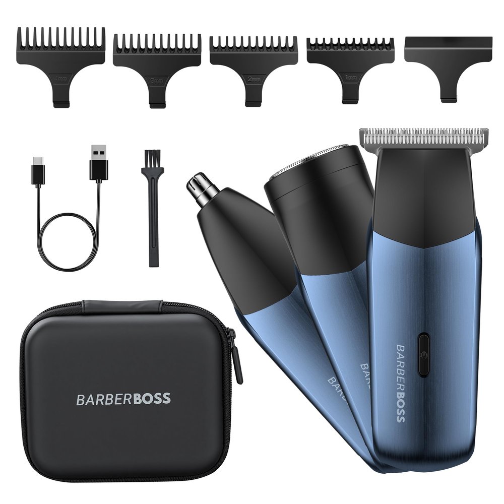 BarberBoss 3-in-1 Travel Trimmer Kit for Men, Beard & Hair Trimmer, Nose & Ear Trimmer, Mini Shaver, Mens Electric Shaver, Dual-Speed Control, Male Electric Grooming Set, QR-2212