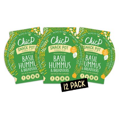 ChicP Basil Hummus To Go with Breadsticks Snack Pots (12 Multipack), No Fridge Needed, Vegan Snack for Lunchboxes, Snacking and On-The-Go, Nut-free, UK Made