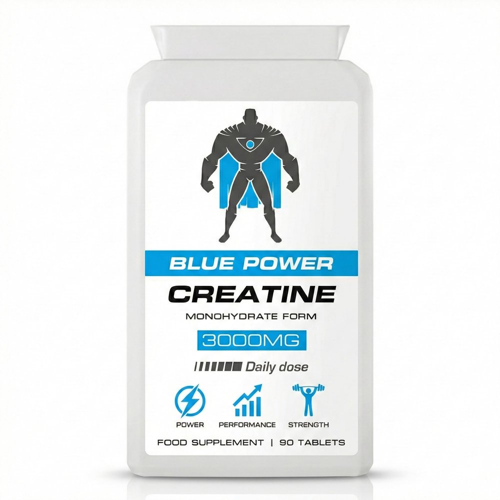 BLUE POWER Creatine Monohydrate Tablets 3000mg (3g) - 90 Tablets (30 Day Supply) - Small Scored Tablets, Titanium-Free Coating, Food Supplement