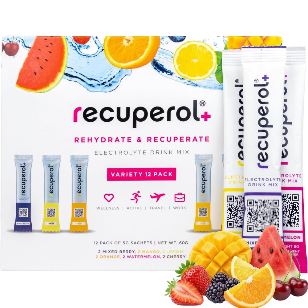 Recuperol - Rehydration Electrolyte Sachets - Variety 12 Pack - 6 Natural Flavours for Recovery - Hydration Powder with Zinc, Vitamin C, B12, D3 & Potassium - Sugar Free, Vegan & Low Calorie