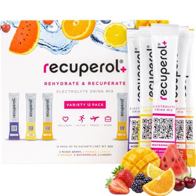 Recuperol Rehydration Electrolytes Powder, Variety 36 Sachets, Dehydration Supplement, Replace Electrolytes & fluids, Sugar Free Hydration, 6 Natural Flavours