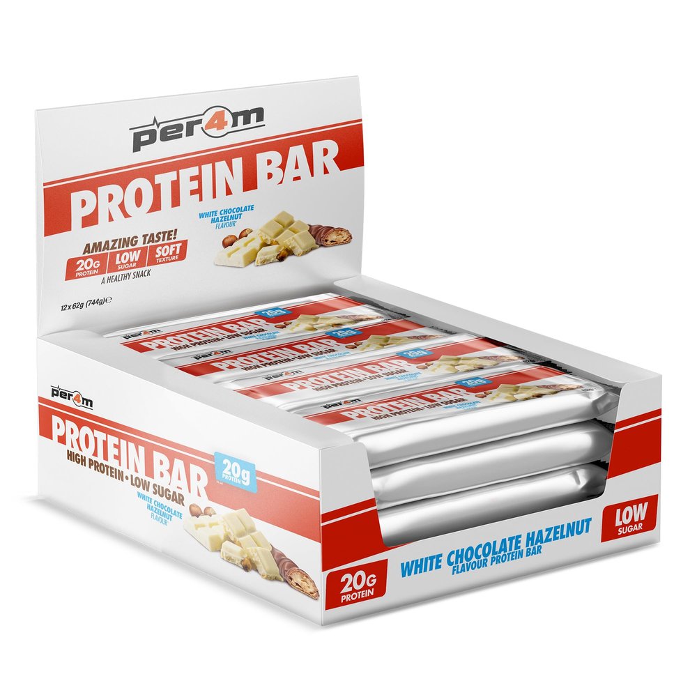 Per4m On-the-Go Protein Bar | High Protein, Low Sugar Bar with 20g Protein | Nutritional & Healthy Gym Snack Bar | Box of 12 x 62g (Box, White Chocolate Hazelnut)