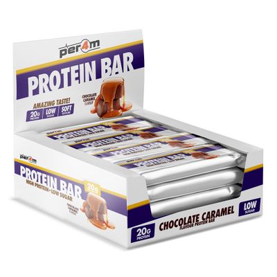 Per4m On-the-Go Protein Bar | High Protein, Low Sugar Bar with 20g Protein | Nutritional & Healthy Gym Snack Bar | Box of 12 x 62g (Box, Chocolate Caramel)