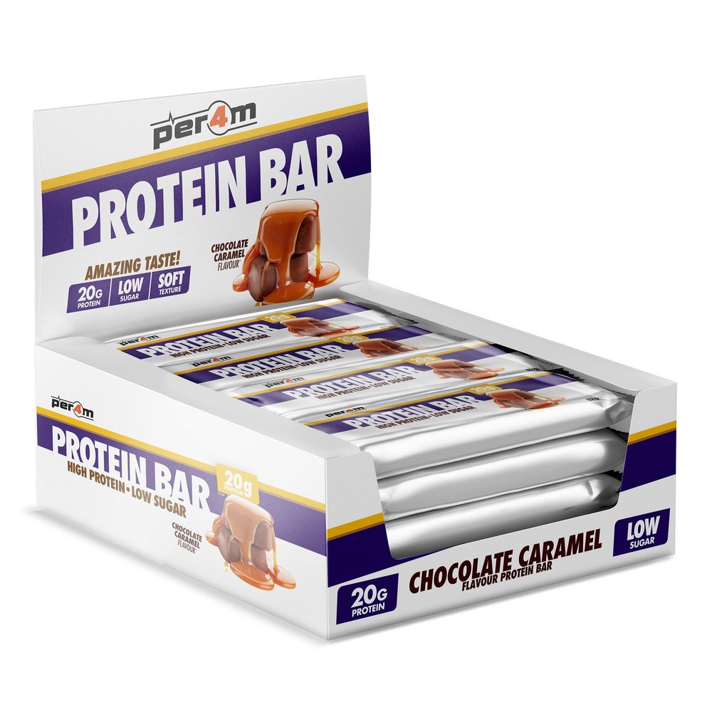 Per4m On-the-Go Protein Bar | High Protein, Low Sugar Bar with 20g Protein | Nutritional & Healthy Gym Snack Bar | Box of 12 x 62g (Box, Chocolate Caramel)