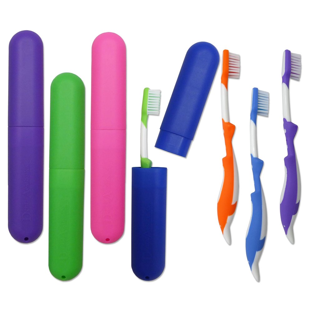 Childrens Dolphin Toothbrushes with Cases ~ Set of 4, Kids Travel Set, Ages 3-7