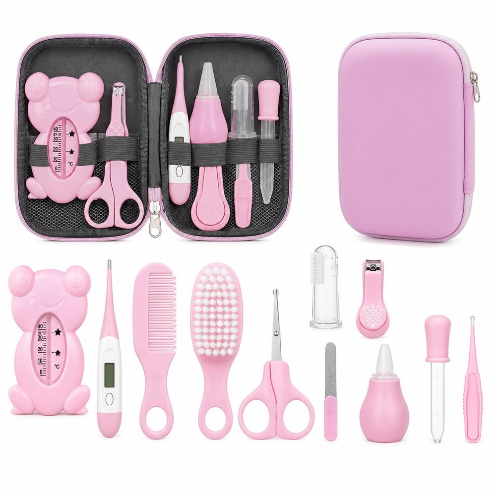 Baby Grooming Kit Newborn, 13-Piece Healthcare & Nail Care Set with Brush, DigitalThermometer, Nasal Aspirator, Nail Care Set, Clippers & Case, Baby Gift Set (Pink)