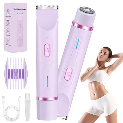Bikini Trimmer Women, 2-in-1 Lady Shavers for Women, Electric Dual-Head Razor Shaver IPX7 Waterproof, Cordless Wet & Dry Rechargeable Lady Shaver for Pubic Hair, Body, Legs, Underarm