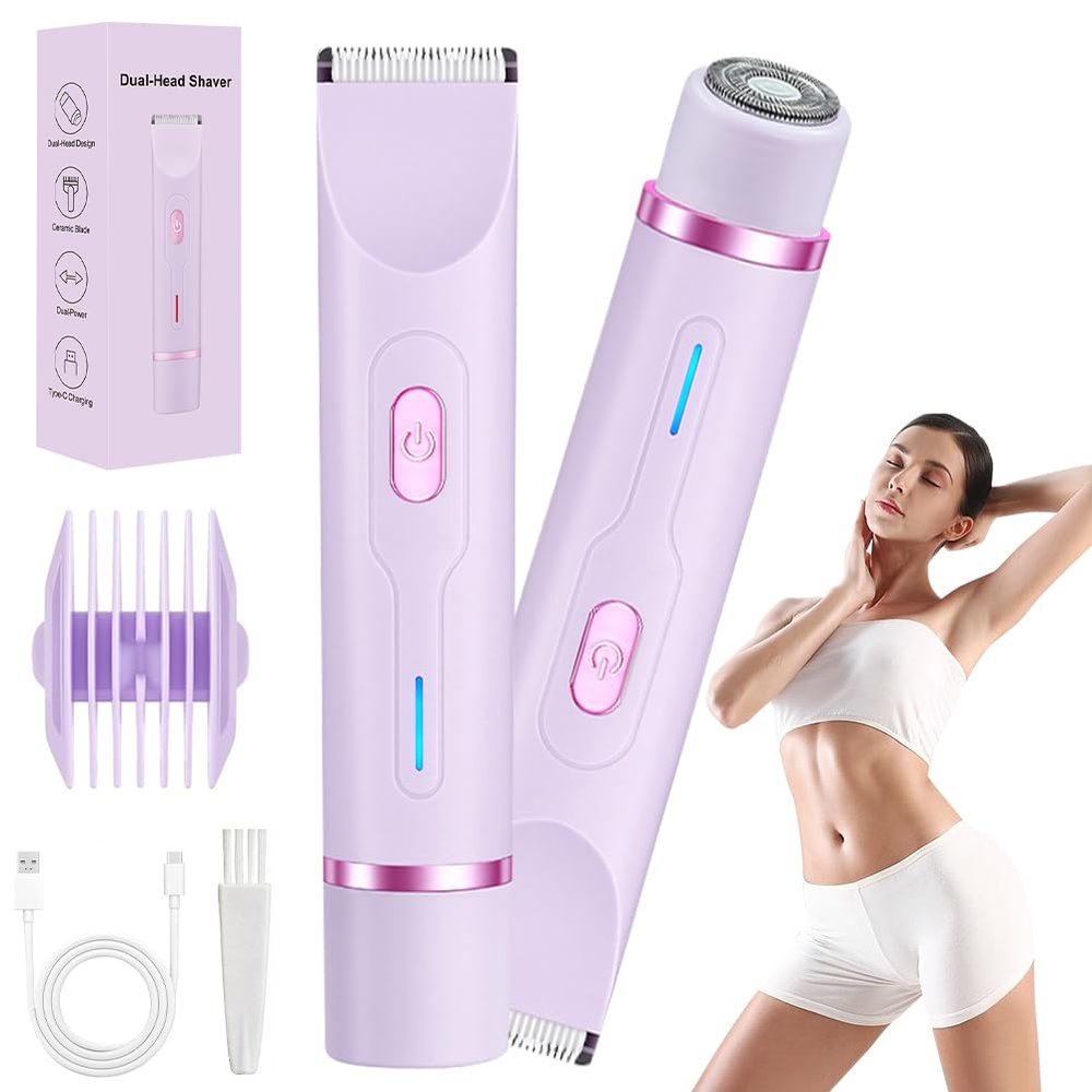 Bikini Trimmer Women, 2-in-1 Lady Shavers for Women, Electric Dual-Head Razor Shaver IPX7 Waterproof, Cordless Wet & Dry Rechargeable Lady Shaver for Pubic Hair, Body, Legs, Underarm