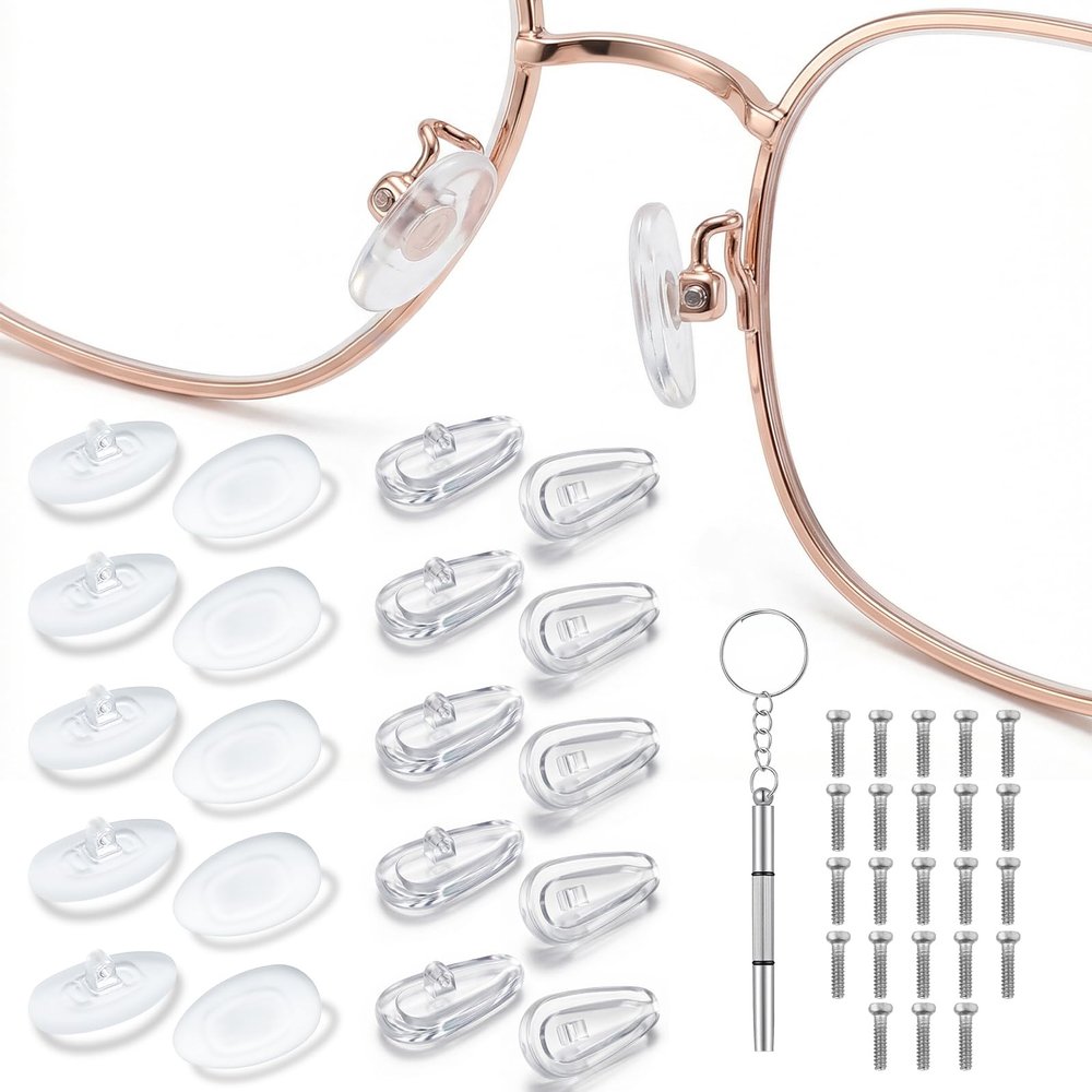 Shimmeroo 10 Pairs Silicone Glasses Nose Pads, Soft Anti-Slip Screw-in Nose Pads D-Shaped Eyeglass Grips Fit for Optical Sunglasses with Screws & 3-in-1 Screwdriver(2 Types)
