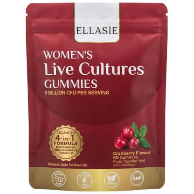 ELLASIE Cranberry Gummies for Women with Probiotics 5 Billion CFU + Prebiotic Fibre + 50:1 Cranberry Extract + Vitamin C Urinary & Intimate pH Balance Support Sugar Free Vegan 60 Gummies