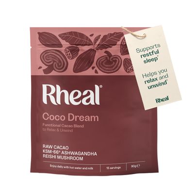 Rheal Coco Dream 90g, Organic Hot Chocolate with Reishi Mushroom, KSM-66(R) Ashwagandha & Raw Peruvian Cacao, Bedtime Drink to Relax & Unwind, Low Sugar, Vegan (15 Servings)