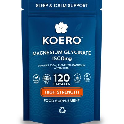 KOERO Magnesium Glycinate 1500mg (300mg Elemental) + Vitamin B6 High Absorption Chelated Magnesium Capsules Supports Sleep & Relaxation 120 Capsules UK Made