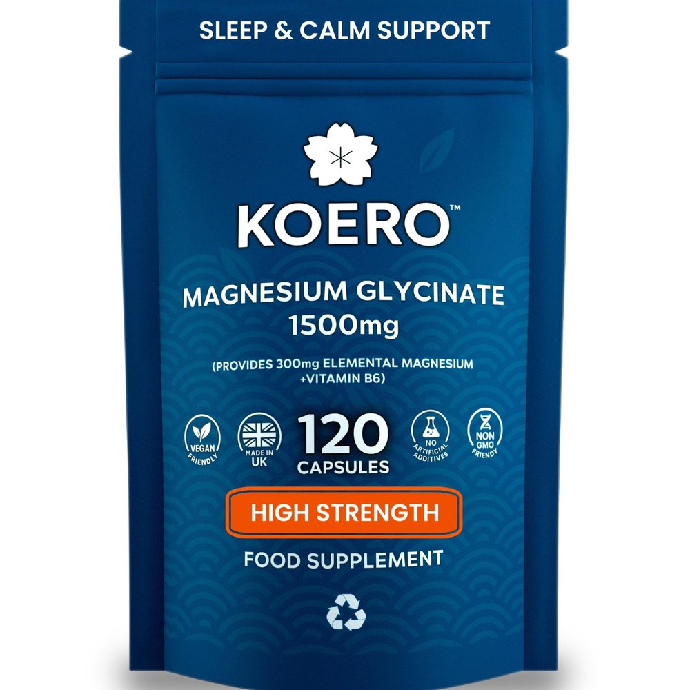 KOERO Magnesium Glycinate 1500mg (300mg Elemental) + Vitamin B6 High Absorption Chelated Magnesium Capsules Supports Sleep & Relaxation 120 Capsules UK Made
