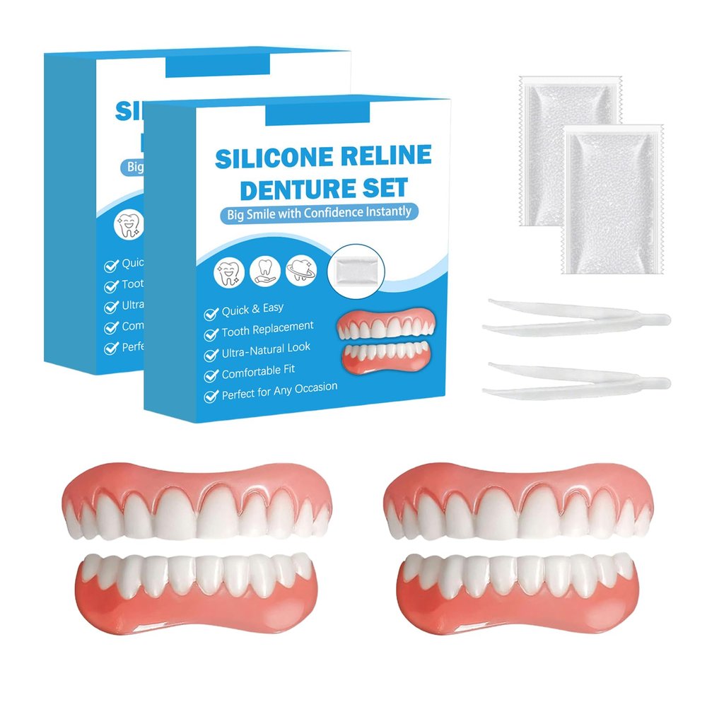 2 Pcs Silicone Reline Denture Set, Full Denture, Upper and Lower Den-ture Reline Kit, Clip on Veneers Repair Kit for Secure Fit & Comfortable Wear