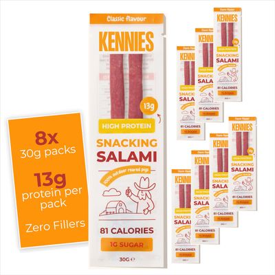 Kennies Keto Snacks Salami Sticks Zero Fillers Natural High Protein Snack Low Carb Beef Jerky Alternative - Classic Salami 8x30g