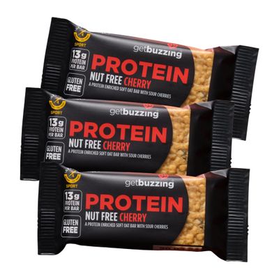 Getbuzzing Nut Free Oat Protein Flapjacks - Gluten Free Healthy Snacks - Energy Bars For Running, Cycling, Gym - Pack of 3 x 55g (Cherry)